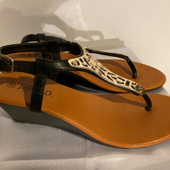 Black Embellished Wedge Sandals with Tan Footbed - Picture 1 of 3